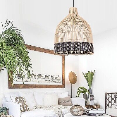 1 Light Rattan Pendant Light Coastal Wicker Boho Chandelier Handwoven Hanging...