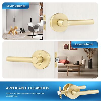 Leydebong 4 Pack Satin Brass Door Handles, Door Knobs Interior in Gold Finish...