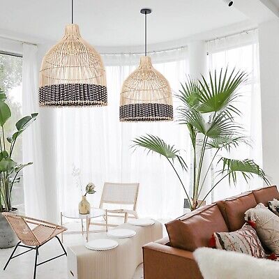 1 Light Rattan Pendant Light Coastal Wicker Boho Chandelier Handwoven Hanging...