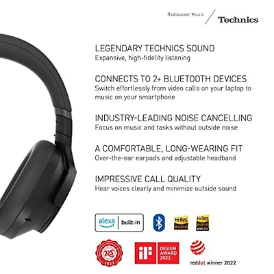 Technics Wireless Noise Cancelling Headphones, High-Fidelity Large, Black