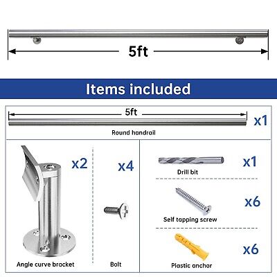 Muzata 5Ft Pre-drilled Stair Handrail 2" OD Round Brushed Wall Mounted Handra...