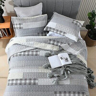 Queen Size Quilt,Patchwork Quilt Bedding Set 100% Cotton Plaid Bedspread Quee...