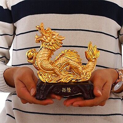 Large Size Chinese Zodiac Dragon Golden Resin Collectible Figurines Table Dec...