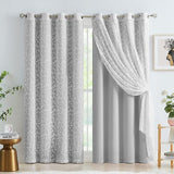 Gray Mix Matched Curtain Set 95" Long Leaf Sheer Lace 2 Panels & 2 Blackout C...