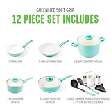 GreenLife Soft Grip Healthy Ceramic Nonstick 12 Piece Cookware Set, Turquoise