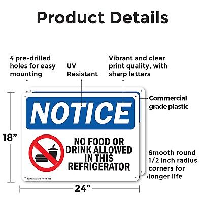 (2 Pack) No Food Or Drink In This Refrigerator OSHA Notice Sign 24 Inch X 18 ...