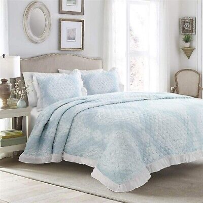 Lush Decor Lucianna Ruffle Edge Cotton 3 Piece Bedspread Set, Full/Queen, Blue