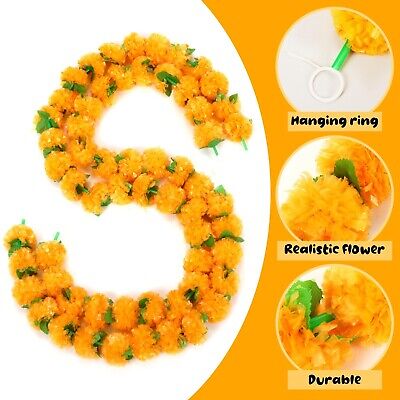 Zeyune 50 Pcs 5 Feet Marigold Garland with Green Leaves Orange Artificial Mar...