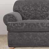 SureFit Stretch Jacquard Damask 2 Piece T Cushion Loveseat Slipcover in Gray