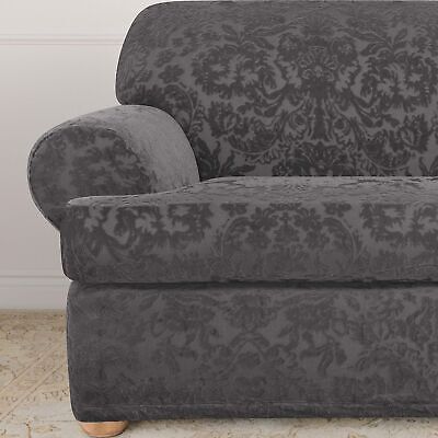 SureFit Stretch Jacquard Damask 2 Piece T Cushion Loveseat Slipcover in Gray