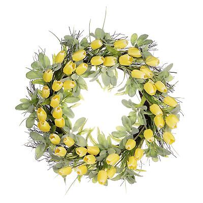 30" Artificial Tulip Floral Spring Wreath with Green Leaves 30" Yellow