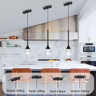 3-Lights Crystal Pendant Light Fixtures for Kitchen Island Dimmable LED Ceili...