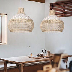 Arturesthome 1 Light White Handwoven Rattan Boho Pendant Light, Wicker Hangin...