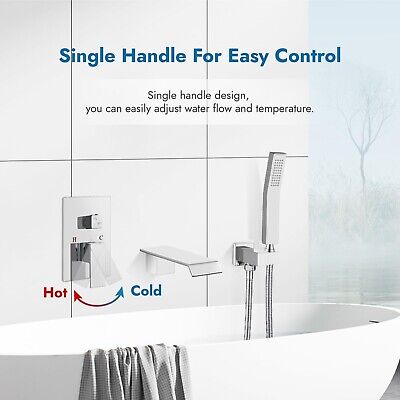 Waterfall Bathtub Faucet with Handheld Shower Polished Chrome Wall Mounted Tu...