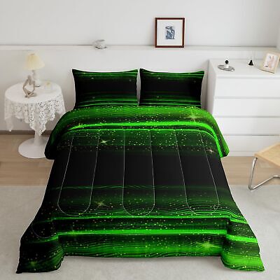 Ombre Stripes Bedding Set Queen Black Green Outer Space Comforter Modern Grad...