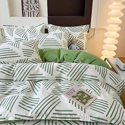 Striped Duvet Cover King, White 100% Cotton Duvet Cover with Green Stripes Pa...