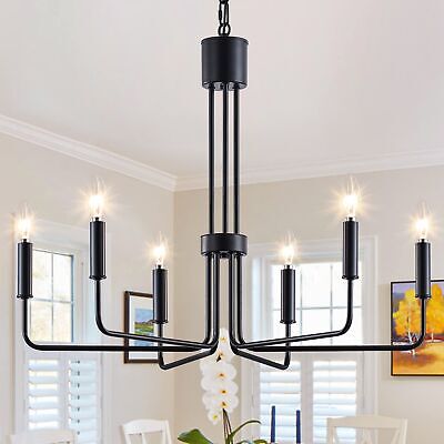 Matte Black Farmhouse Chandelier Light for Dining Room 6-Lights, Modern and I...