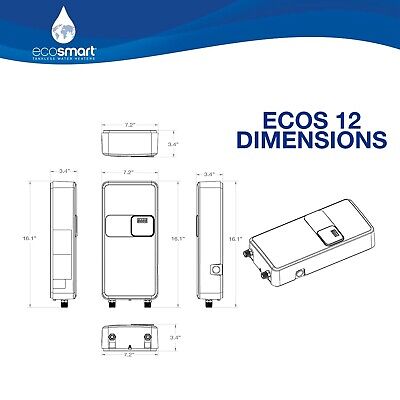 EcoSmart ECOS 12, Tankless Electric Water Heater, 12 kW, 240 Volt, Up to 2.9 ...