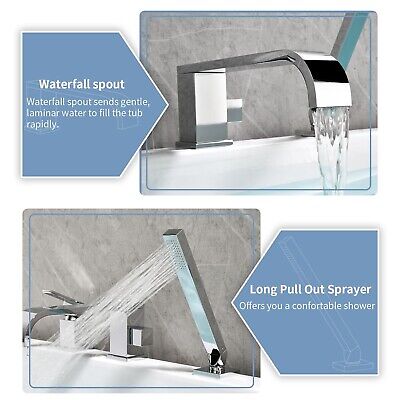 Waterfall Roman Tub Faucet with Hand Shower, Deck Mount Tub Filler Bathtub Fa...