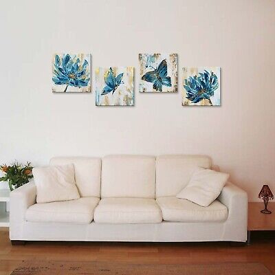 Handmade Blue Butterfly and Flower Wall Art Hand Painted Oil Painting on Canv...