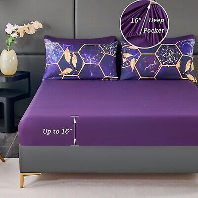 ZRNBAST 7 PC Hexagon Purple Queen Bed in A Bag Women Men Honeycomb Geometric ...