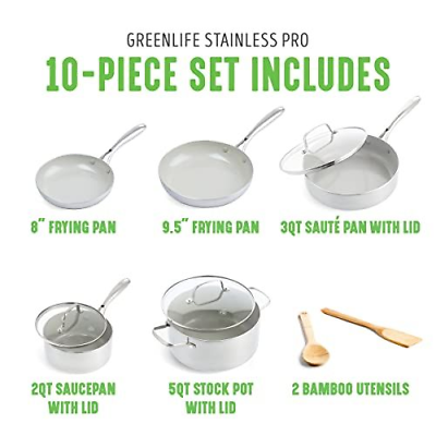 GreenLife Tri-Ply Stainless Steel 10 Piece Cookware Pots and Pans Set, Silver