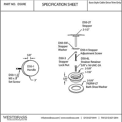 Westbrass D50RE-01 1-1/2" Replacement Trim for Cable Drive Bath Drain Waste &...