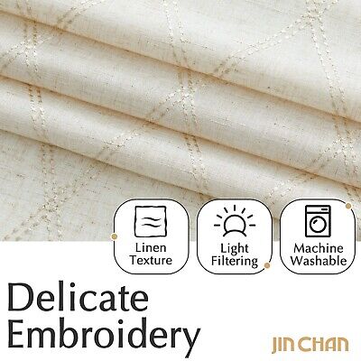 jinchan Beige Linen Curtains for Living Room Diamond Embroidered Back Tab Dra...