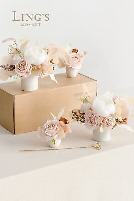 Ling's Moment White Beige Artificial Flowers with Vase Wedding Decor Centerpi...