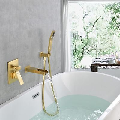 Wall Mount Bathtub Faucet with Handheld Sprayer Brushed Gold, Bathroom Wall M...