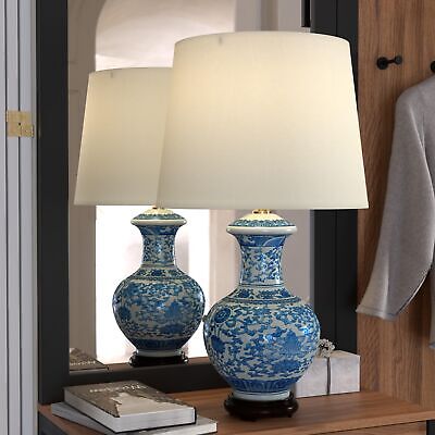 Red Lantern 24.5" Blue & White Porcelain Round Vase Lamp