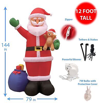 12 Foot Tall Huge Christmas Inflatable Santa Claus with Gift Bag and Bear Lig...