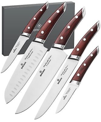 Brewin CHEFILOSOPHI Japanese Chef Knife Set 5 PCS with Elegant Red Pakkawood ...