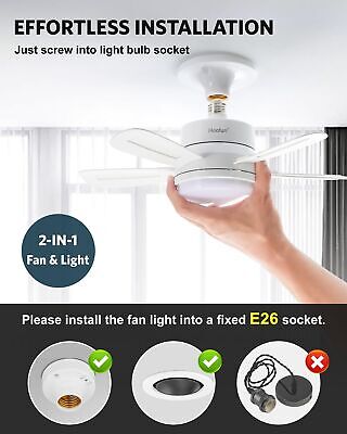 15.7" Socket Fan Light: Small Ceiling Fan with Light and Remote 3000K-6500K,1...