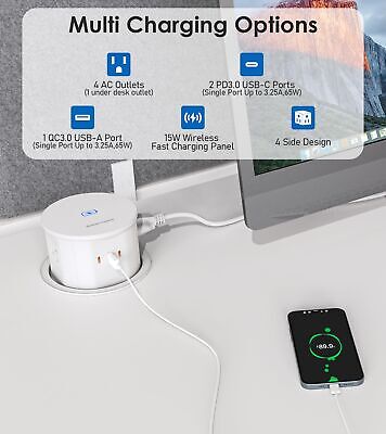 ANNQUAN 4.75" Pop Up Outlet with 65W USB-C,15W Wireless Charger,4 Outlets,3 U...