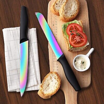 Marco Almond Knife Set with Block, 14 Piece Rainbow Titanium Knife Block Set,...