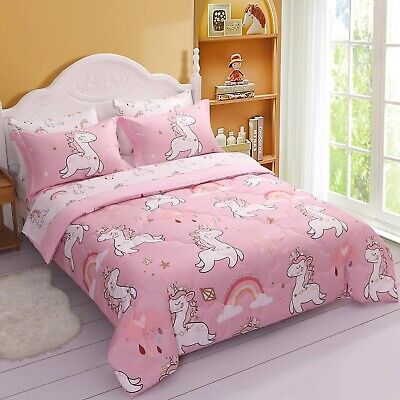 Wajade Kids Pink Unicorn Comforter Set Bed in A Bag Full Size 7 Piece Cute Un...