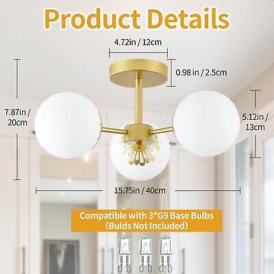 Semi Flush Mount Ceiling Light Fixture, 3-Light Gold Chandelier Mid Century M...