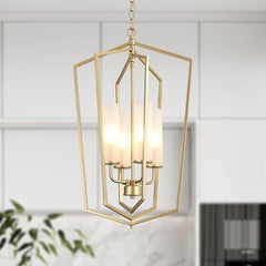 Gold Chandelier Light Fixture, Modern Farmhouse Chandelier, 4-Light Lantern P...