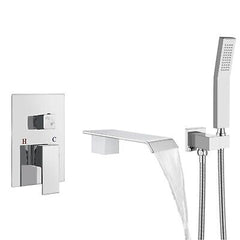 Waterfall Bathtub Faucet with Handheld Shower Polished Chrome Wall Mounted Tu...