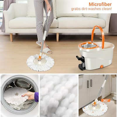 MASTERTOP Spin Mop and Bucket with Wringer Set, Floor Cleaning Orange-a