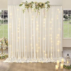 20ftx10ft Ivory Tulle Backdrop Curtain with Lights, 4 Panels 5x10ft Sheer Wri...