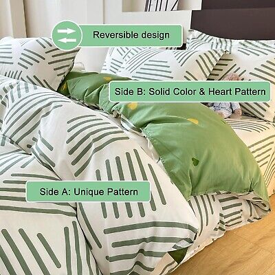 Striped Duvet Cover King, White 100% Cotton Duvet Cover with Green Stripes Pa...