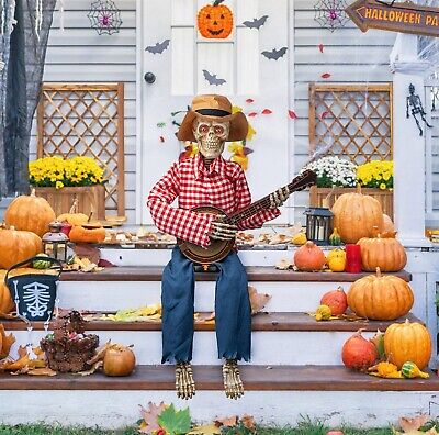 39" Fall Banjo Playing Skeletons - Animated Scarecrow Thanksgiving Decoration...