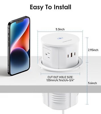 ANNQUAN 4.75" Pop Up Outlet with 65W USB-C,15W Wireless Charger,4 Outlets,3 U...