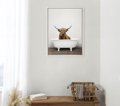 Kate and Laurel Sylvie Highland Cow in Tub Color Framed Canvas Wall Art by Am...