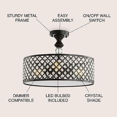 JONATHAN Y JYL6147A Elise 17" 3-Light Crystal/Metal Drum Semi-Flush Mount, Cl...