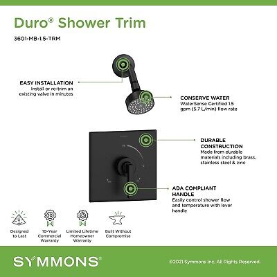 Symmons 3601-MB-1.5-TRM Duro Single Handle 1-Spray Shower Trim in Matte Black...