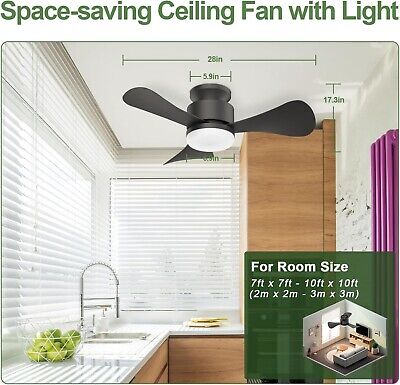 Black Ceiling Fan with Light, 28 Inch Small Low Profile Flush Mount Ceiling F...