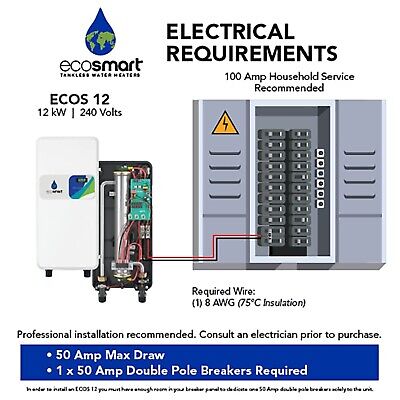 EcoSmart ECOS 12, Tankless Electric Water Heater, 12 kW, 240 Volt, Up to 2.9 ...